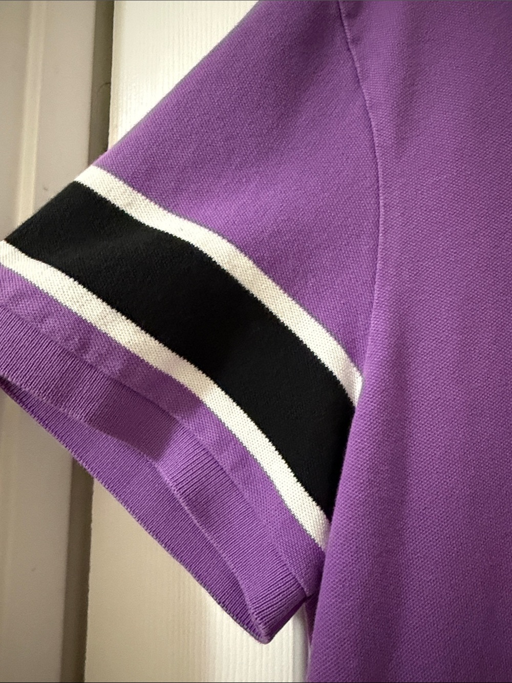 Lacoste Purple Polo with Black & White Sleeve Stripes - Picture 4 of 6